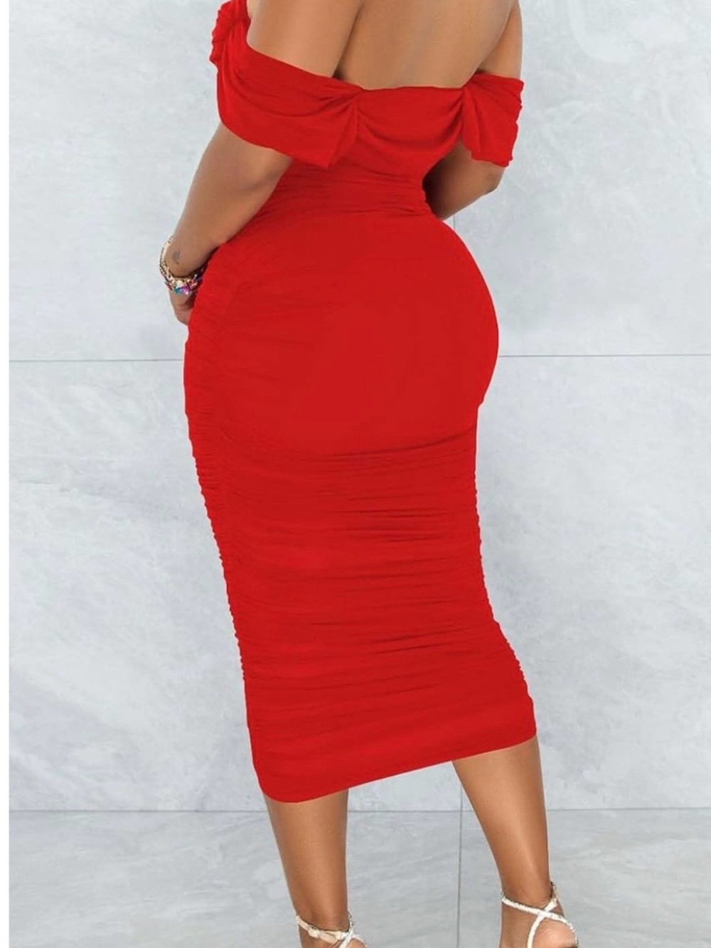 Off-Shoulder Ruched Red Midi Dress - Picture 3 of 3